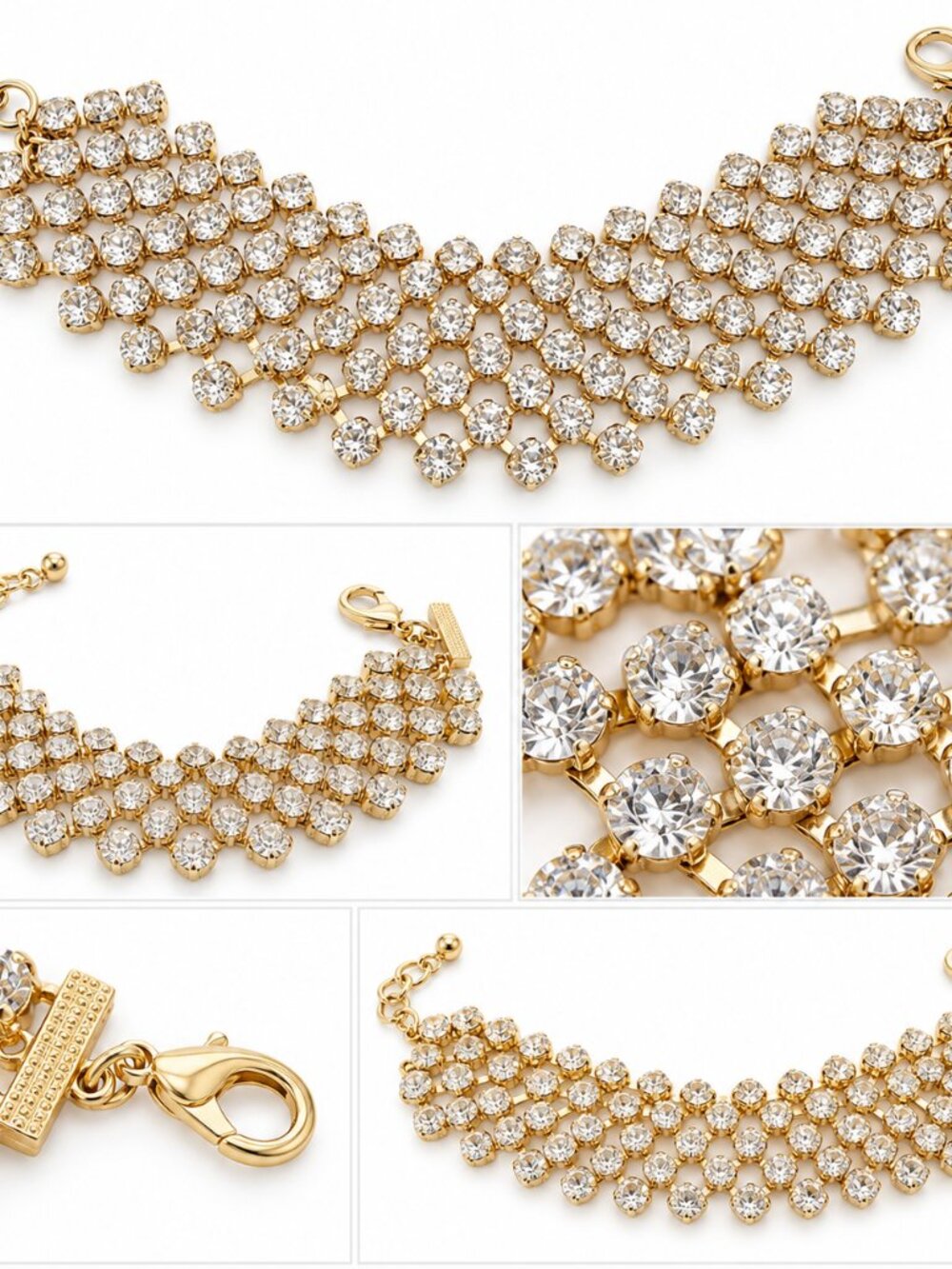 Gold Tone Multi Row Crystal Statement Bracelet